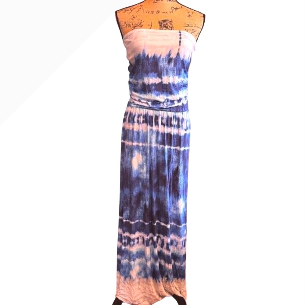 Venus Womens Strapless Boho Beach Summer Resort Tie Dye Maxi Dress Blue Size S/M